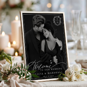 Poster Bannière de mariage photo à crête florale noir et