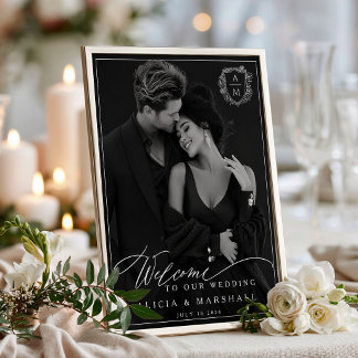 Poster Bannière de mariage photo à crête florale noir et