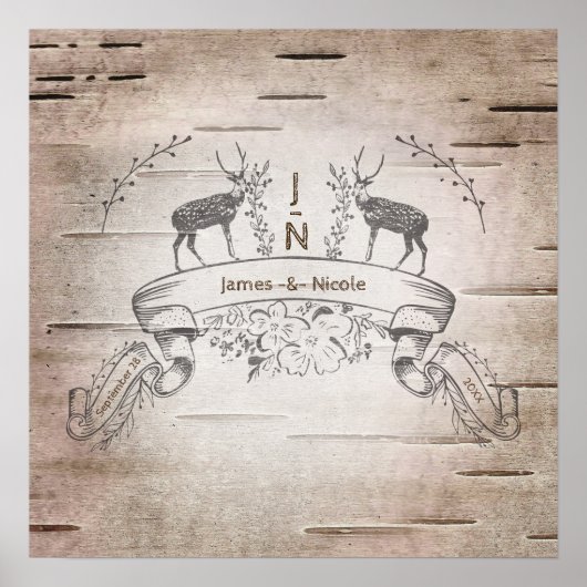 Poster Bannière de mariage rustique cerf & branches de bo (Devant)