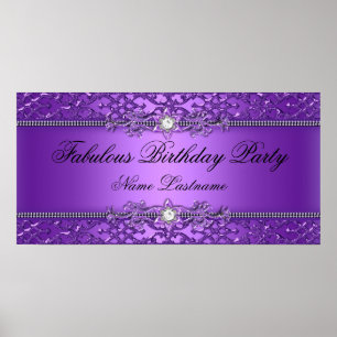 Poster Bannière de naissance élégante en damas violet emb