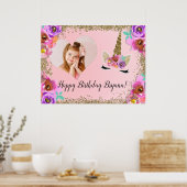 Poster Bannière de photo licorne pailletée or floral pour (Cuisine)