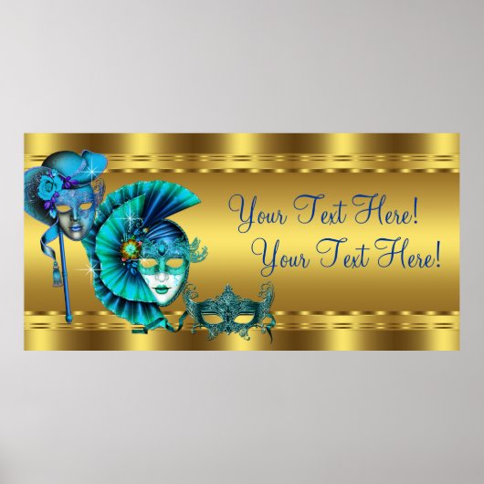 Poster Bannière élégante de fête masquée bleue et or (Devant)