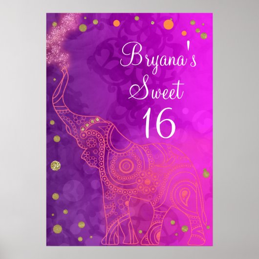 Poster Bannière Elephant Purple Rose Orange & Gold Party (Devant)