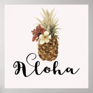 Poster Bannière florale vintage tropicale ananas hibiscus