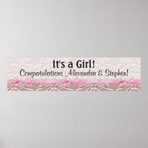 Poster Bannière grand Baby shower rose et Brown Zebra