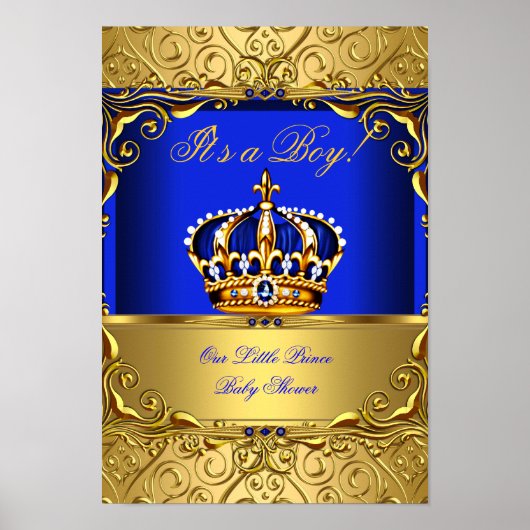 Poster Bannière Prince Boy Baby shower Blue Gold Crown (Devant)