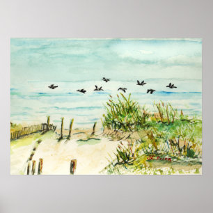 Poster Banques extérieures Dunes de sable et mouettes Aff