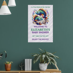 Poster Baptême Bébé Poissons Lavande et Vert Zodiaque