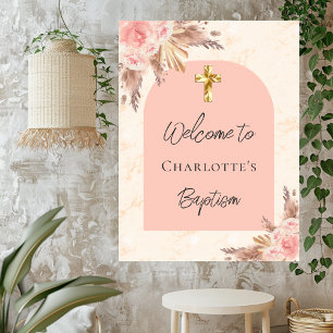 Poster Baptême blush rose or pampas herbe arche bienvenue