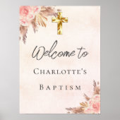 Poster Baptême blush rose or pampas herbe croix bienvenue (Devant)