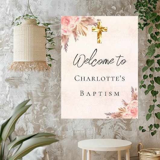 Poster Baptême blush rose or pampas herbe croix bienvenue