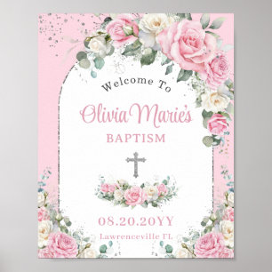Poster Baptême Christening Rose Blanc Roses Floral Argent