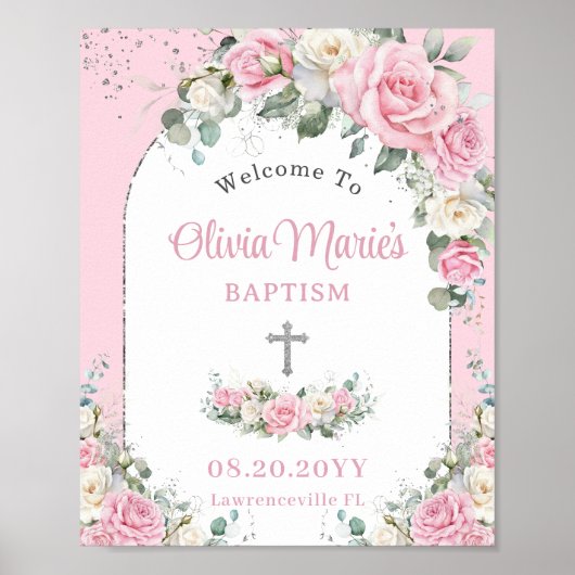 Poster Baptême Christening Rose Blanc Roses Floral Argent (Devant)