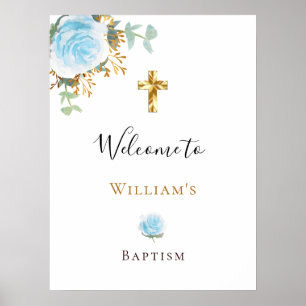 Poster Baptême eucalyptus floral bleu garçon bienvenue