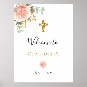 Poster Baptême eucalyptus rose floral fille bienvenue