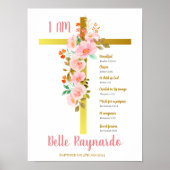 Poster Baptême fille rose et rouge Fleurs sur Crucifix (Devant)