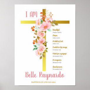 Poster Baptême fille rose et rouge Fleurs sur Crucifix