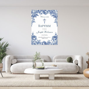 Poster Baptême Fleur Toile Bleue