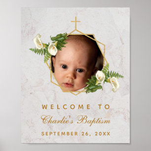 Poster Baptême Photo Callas Lys Croix Dorée Panneau de Bi