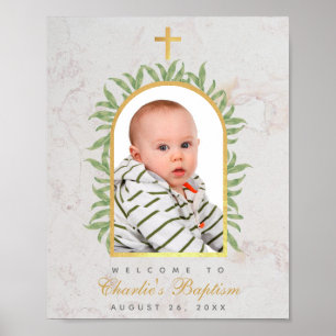 Poster Baptême Photo Faux Gold Arch Greenery Bienvenue