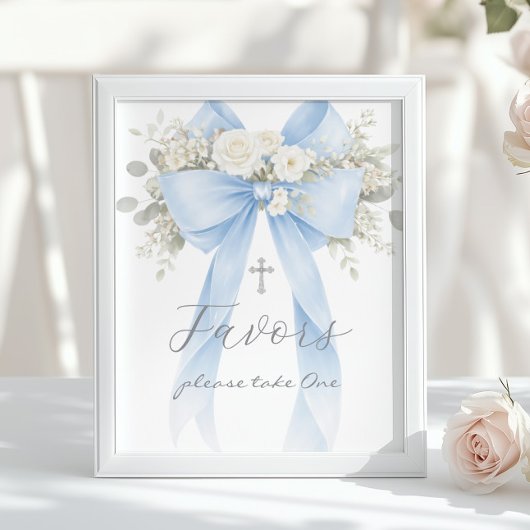 Poster Baptism Favor Blue Bow Eucalyptus