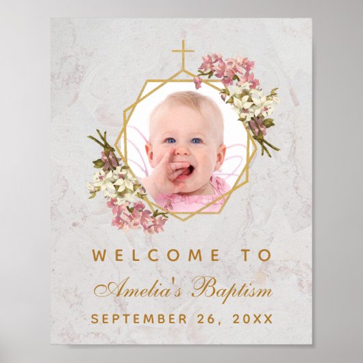 Poster Baptism Photo Girl Gold Pink Orchids Welcome Sign (Devant)