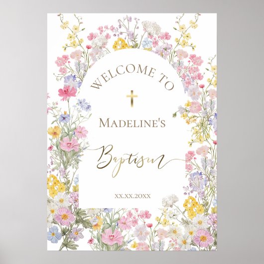 Poster Baptism watercolor meadow flowers welcome (Devant)