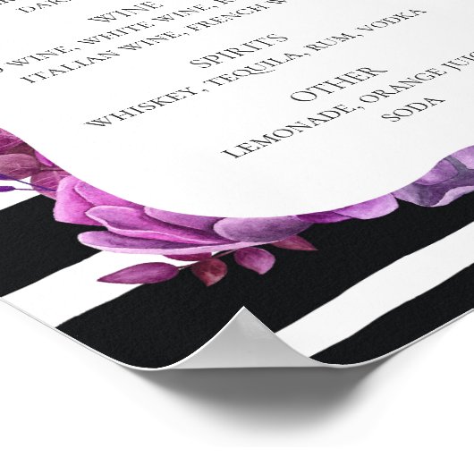 Poster Bar à boissons noir et blanc mariage. Floral pourp (Coin)