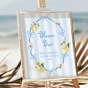 Poster Bar à fleurs bleu citron méditerranéen