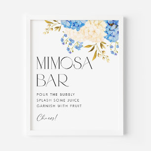 Poster Bar à Mimosa Bleu et Blanc Hydrangeas Aquarelle