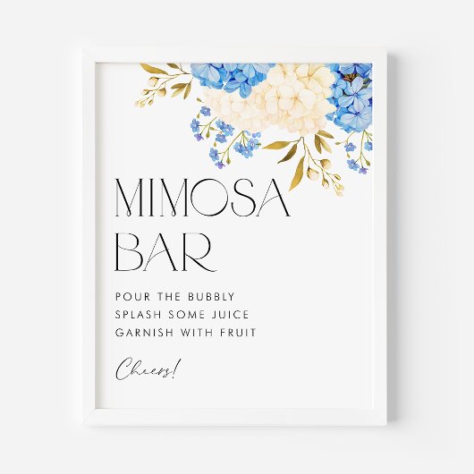 Poster Bar à Mimosa Bleu et Blanc Hydrangeas Aquarelle