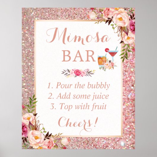 Poster Bar à Mimosa de Fête de Mariage Floral Pailleté Or (Devant)