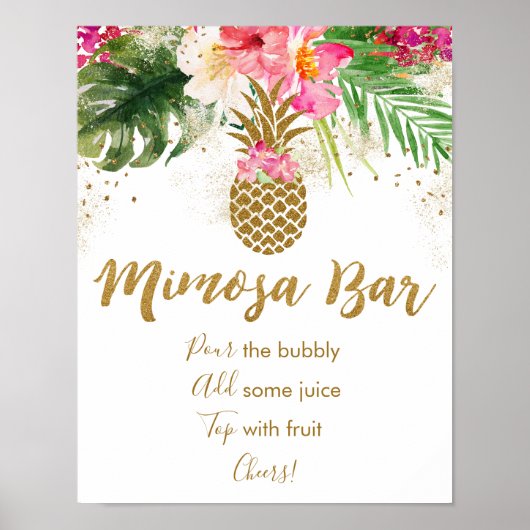 Poster Bar à Mimosa Fleurs Tropicales de Mariage Ananas (Devant)