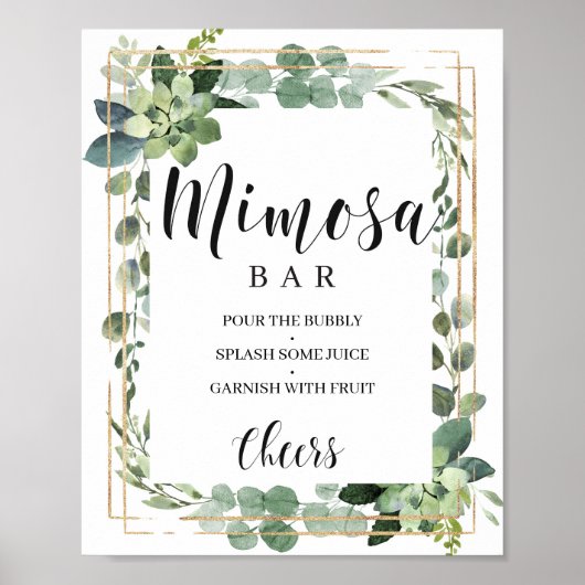 Poster Bar à mimosa vert boho feuilles succulente or (Devant)