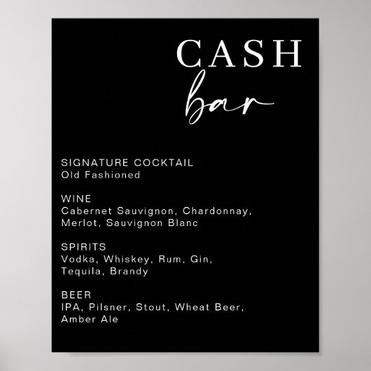 Poster Bar à trésorerie Mariage moderne | Panneau Menu de (Devant)