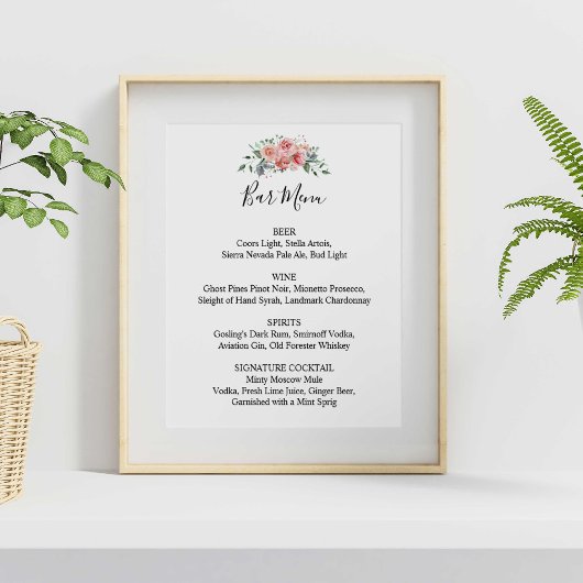 Poster Bar de réception de mariage Menu Pink Floral Scrip