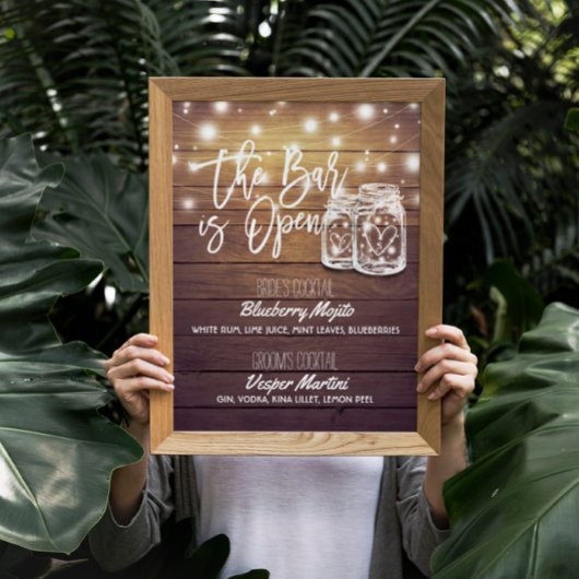 Poster Bar est ouvert Boisson Menu Mason Jars Mariage Sig