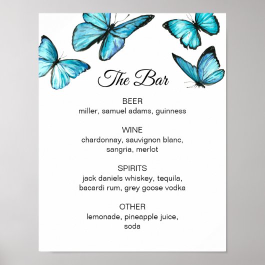 Poster Bar mariage beurré bleu aquarelle. Boisson d'alcoo (Devant)
