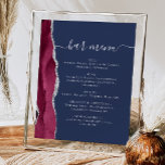 Poster Bar mariage Menu Burgundy Argent Agate Marine Bleu<br><div class="desc">Un panneau élégant pour votre menu de bar mariage. Les mots "menu barre" apparaissent dans la calligraphie d'écriture manuscrite gris argent avec des swashes au début et à la fin, avec le texte personnalisable ci-dessous. Un motif d'aquarelle bordeaux orné d'une fausse parties scintillant argentée orne la bordure gauche d'un arrière...</div>