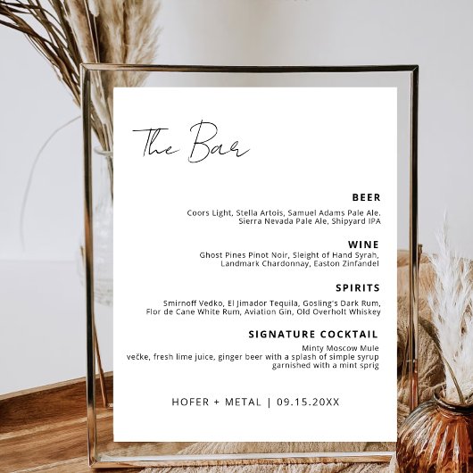 Poster Bar Mariage moderne Menu Signature Boire Cocktail