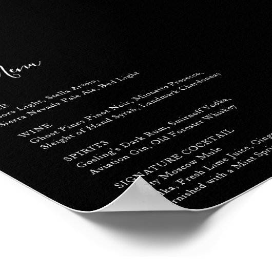 Poster Bar Mariage Noir Menu Réception Panneau Boissons (Coin)