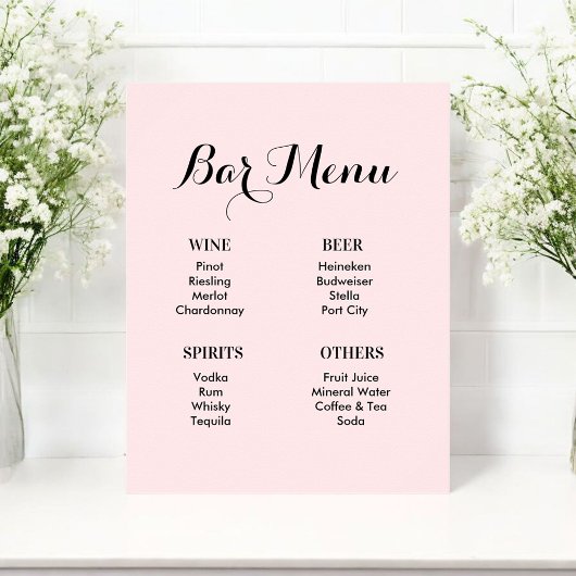 Poster Bar Menu Boissons Mariage rose pâle