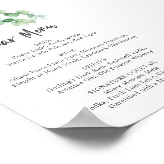 Poster Bar Menu Eucalyptus Mariage Botanical Greenery (Coin)