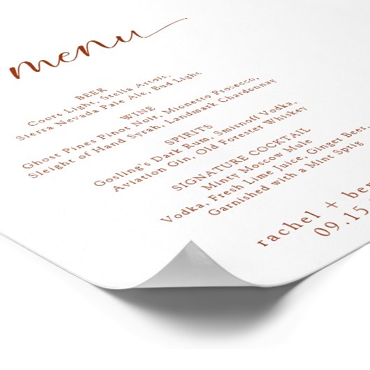Poster Bar Menu Mariage Terracotta Rust Fall Minimal (Coin)