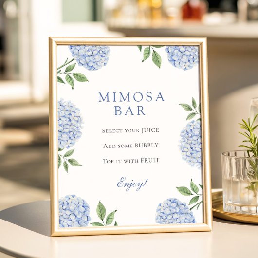 Poster Bar Mimosa à bordure classique d'hortensias bleus