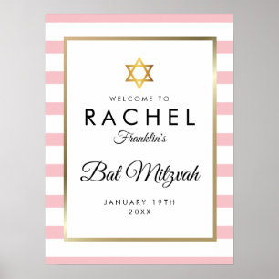 Poster Bar Mitzvah Rayures Rose Et Blanc Accueil Or