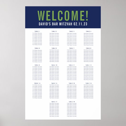 Poster BAR MITZVAH SEATING GRAPHIQUE 18 tables marine ver (Devant)