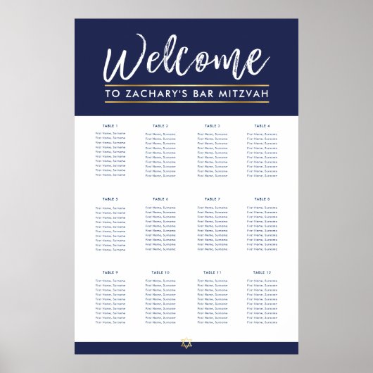 Poster BAR MITZVAH TABLE PLAN 12 tables Marine moderne (Devant)