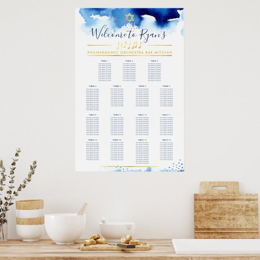 Poster BAR MITZVAH TABLE PLAN or étoile bleu aquarelle (Cuisine)