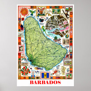 Poster Barbade, carte de l'île, attractions touristiques,